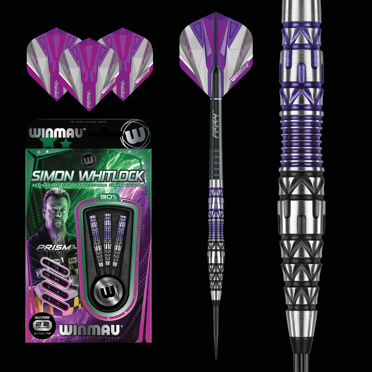 Winmau Kampioenen - Simon Whitlock 3: 22g Wolfraam Steeltip Darts Set met Vluchten en Schachten (Stengels Winmau Kampioenen - Simon Whitlock 3: 22g Wolfraam Steeltip Darts Set met Vluchten en Schachten (Stengels