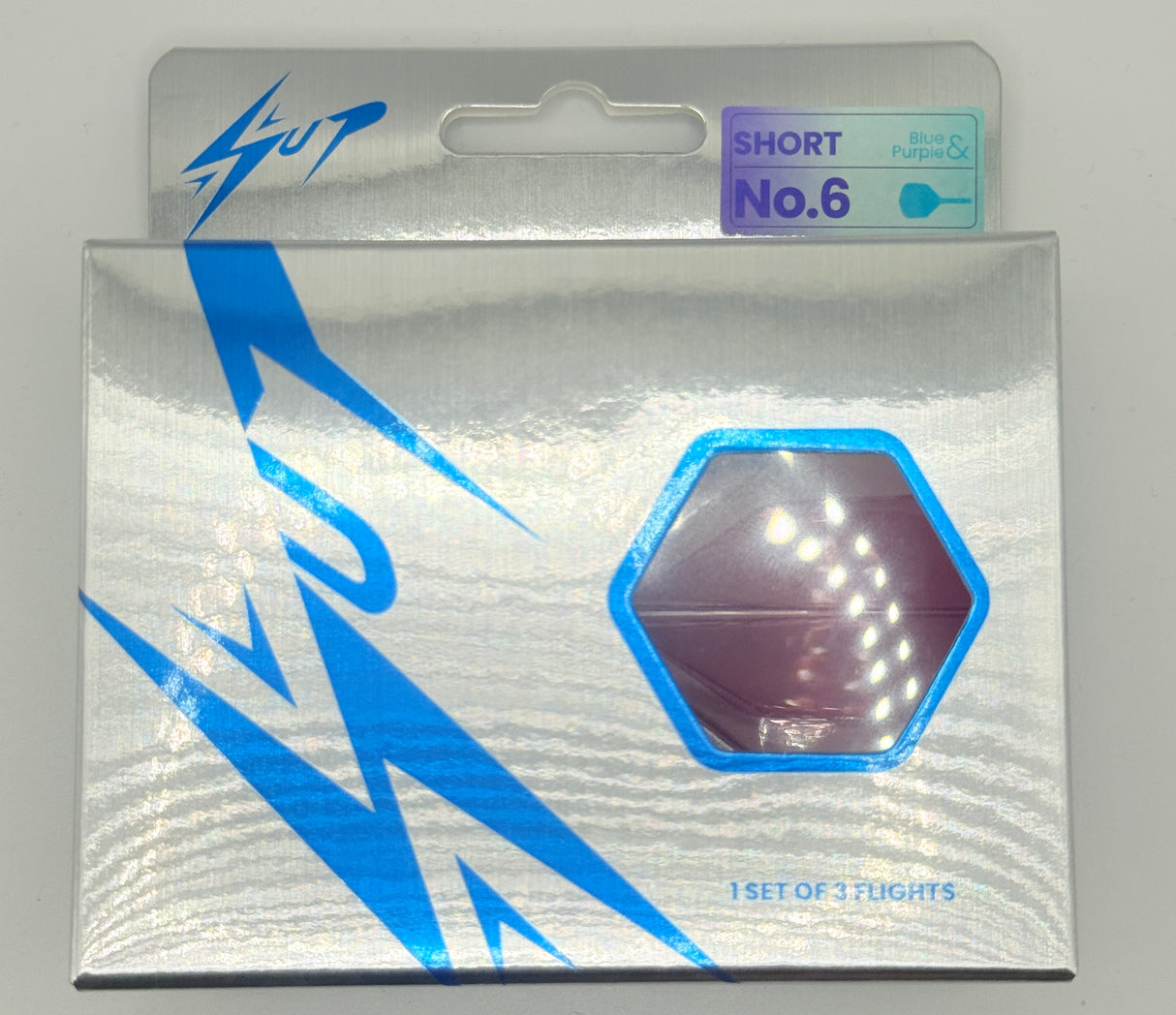 Caliburn Short NO6 SUP integrated dart flights and stems. Purple & Blue