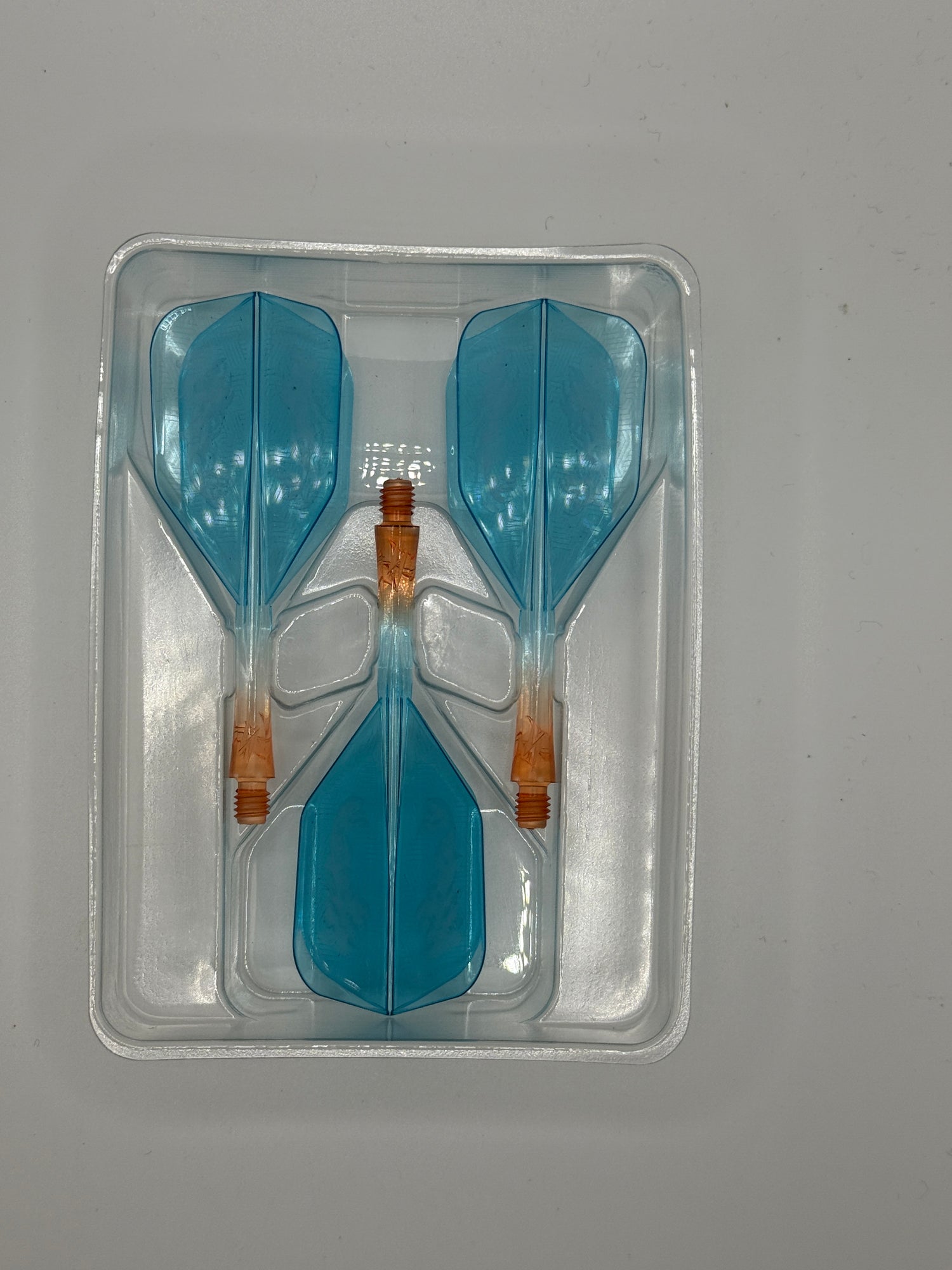 Caliburn Short NO6 SUP integrated dart flights and stems. Orange & Blue Dragon