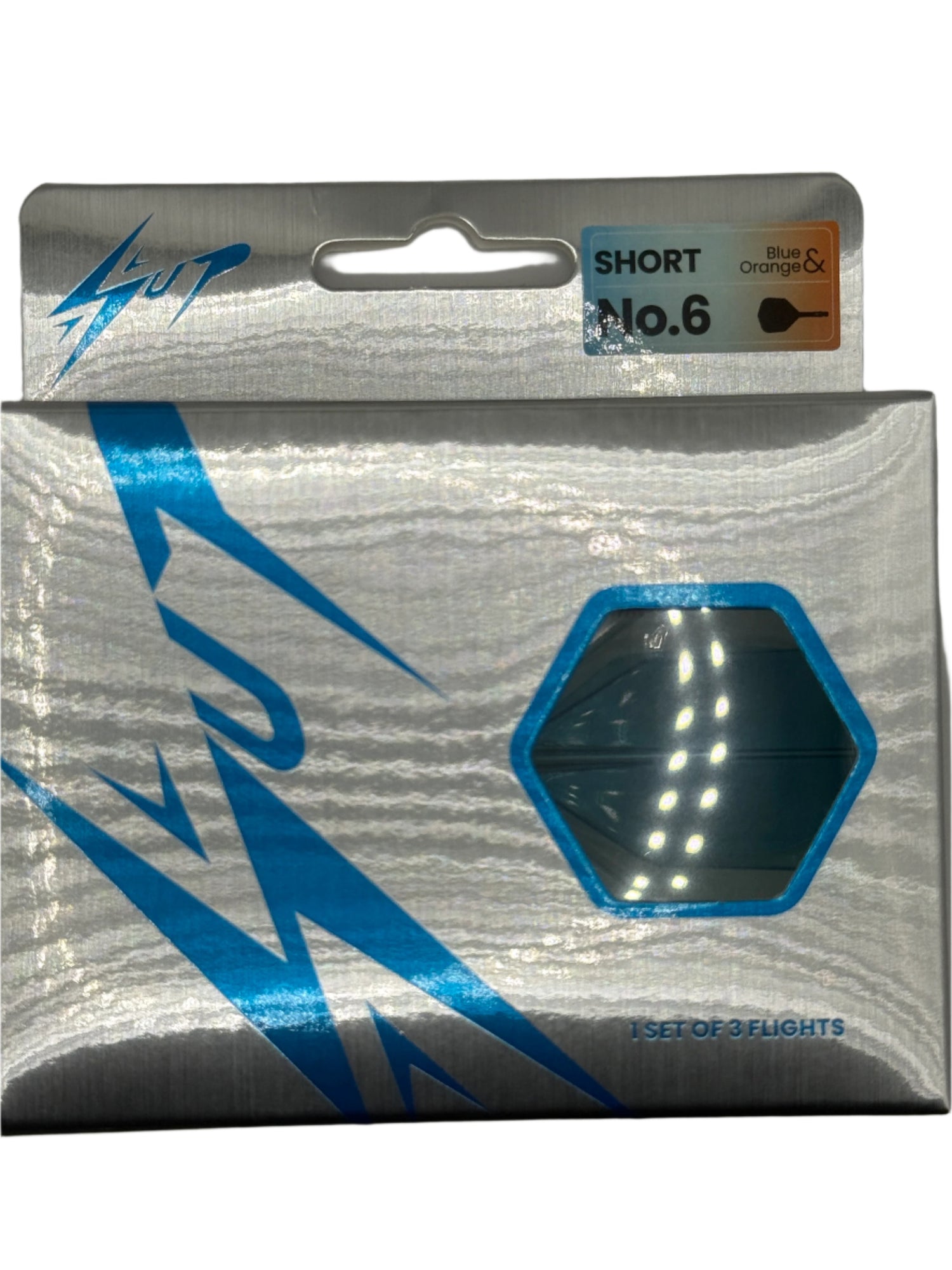 Caliburn Short NO6 SUP integrated dart flights and stems. Orange & Blue Dragon