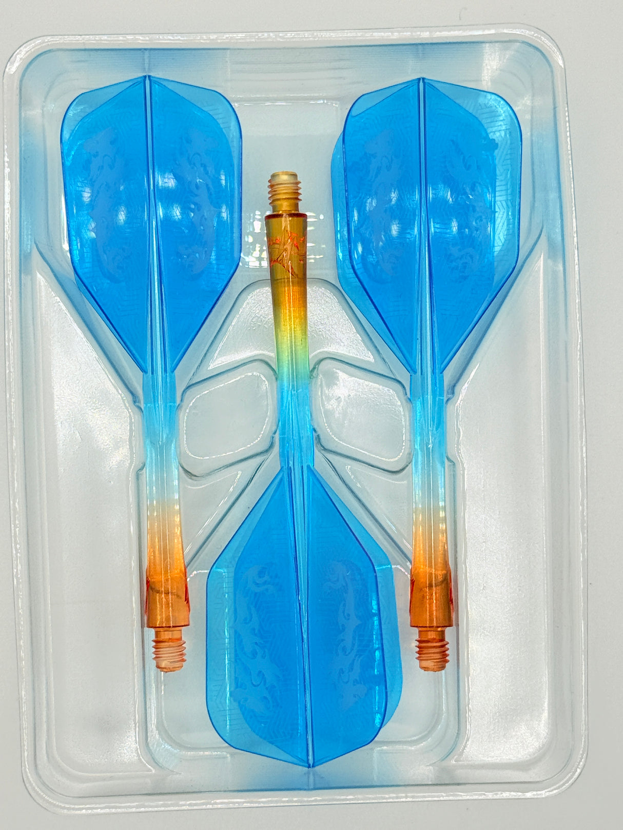 Caliburn Medium NO6 SUP integrated dart flights and stems Orange & Blue Dragon