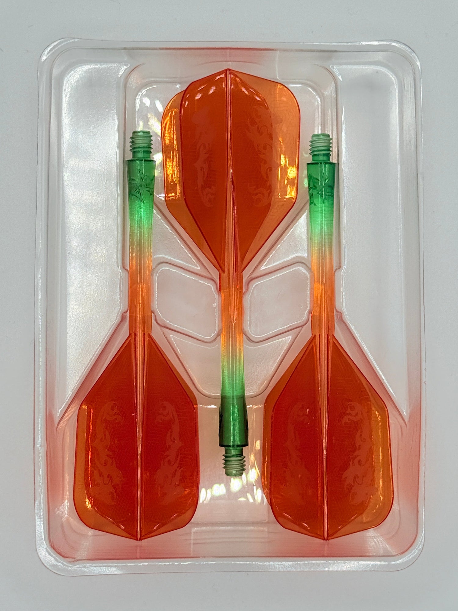 Caliburn Medium NO6 SUP integrated dart flights and stems Orange & Green Dragon