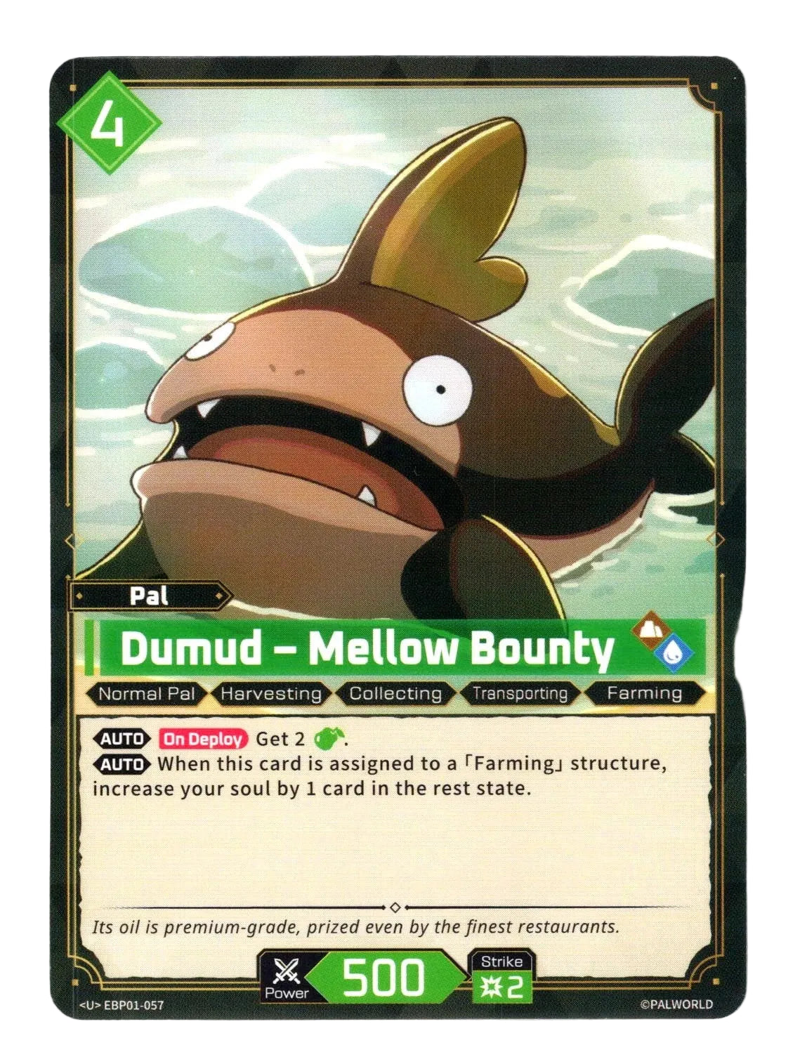 A Pal card from the Palworld trading card game, featuring the character Dumud - Mellow Bounty. The card has a green border, a beige background for the text box, and an illustration of the brown and gold fish-like creature on a light green water background.