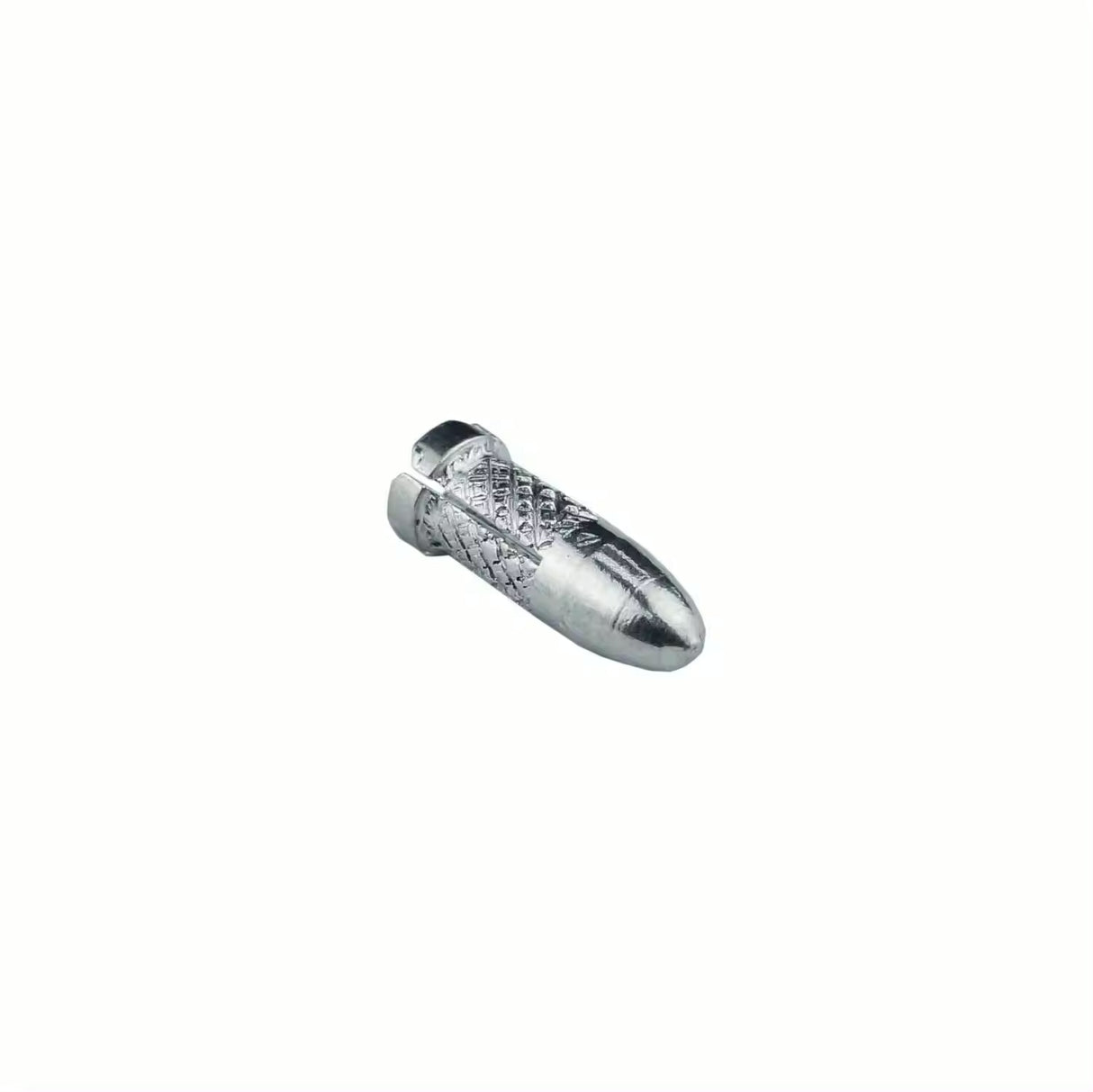 A silver bullet-shaped dart flight protector.