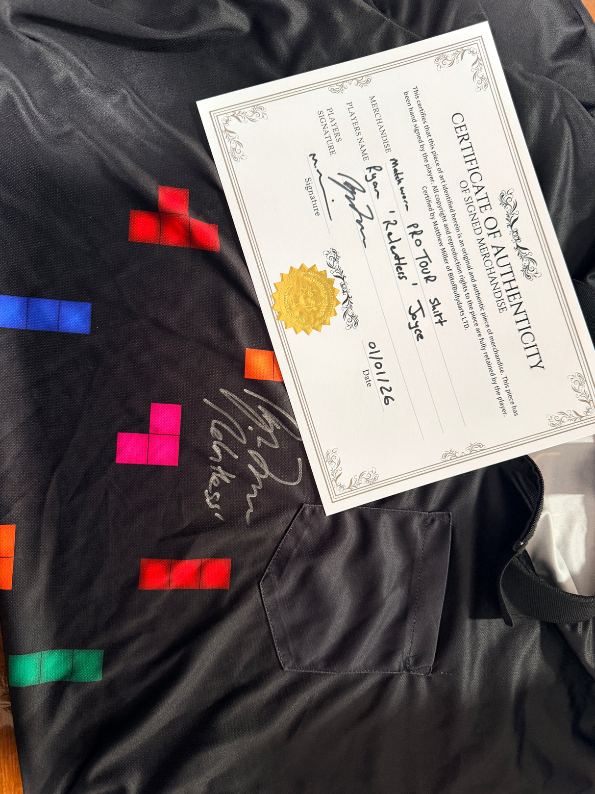 Handsigned Matchworn PDC protour Ryan Relentless Joyce dart shirts with COA