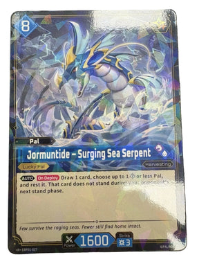 A holographic fantasy trading card featuring Jormungunde - Surging Sea Serpent, with blue, white, and purple artwork, photographed on a dark textured surface.