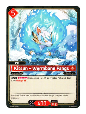 A collectible Pal card from the Palworld game, featuring Kitsun - Wyrmbane Fangs. The card has a black border, a red '5' health icon in the top left, and artwork of a white fox with blue fur swirls on a snowy background.