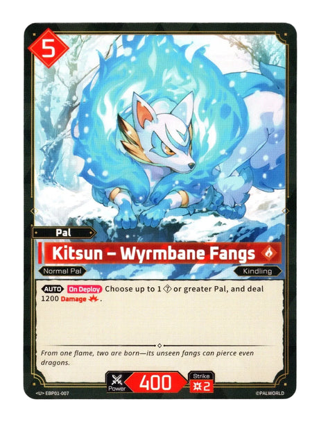 A collectible Pal card from the Palworld game, featuring Kitsun - Wyrmbane Fangs. The card has a black border, a red '5' health icon in the top left, and artwork of a white fox with blue fur swirls on a snowy background.