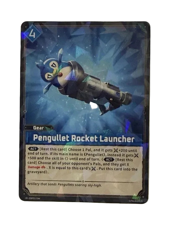 A single trading card titled 'Pengulet Rocket Launcher' standing upright inside a white cardboard box. The card features blue-toned artwork of a small underwater vehicle and text detailing its game mechanics.