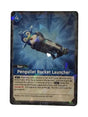 A single trading card titled 'Pengulet Rocket Launcher' standing upright inside a white cardboard box. The card features blue-toned artwork of a small underwater vehicle and text detailing its game mechanics.