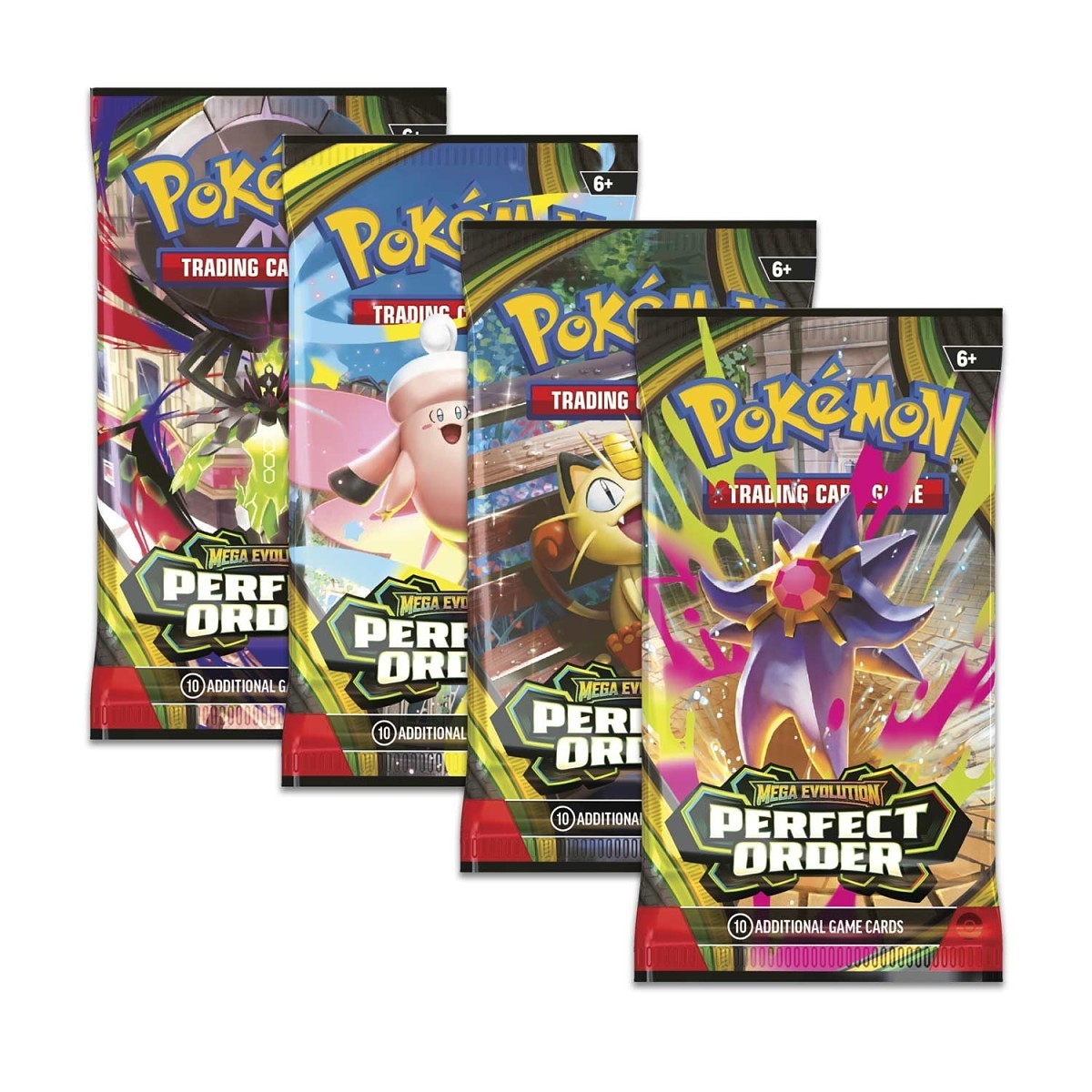 Four Pokémon Trading Card Game Perfect Order Mega Evolvement booster packs fanned out on a white background, showing different character designs including Cyndaquil, Totodile, Chikorita, and a purple dragon.