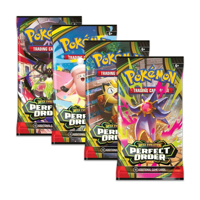 Four Pokémon Trading Card Game Perfect Order Mega Evolvement booster packs fanned out on a white background, showing different character designs including Cyndaquil, Totodile, Chikorita, and a purple dragon.
