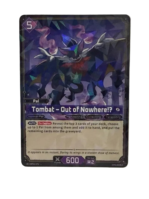 A single trading card standing upright inside a white box, showing a dark illustrated character card titled 'Tombat - Out of Nowhere!'.