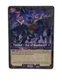 A single trading card standing upright inside a white box, showing a dark illustrated character card titled 'Tombat - Out of Nowhere!'.