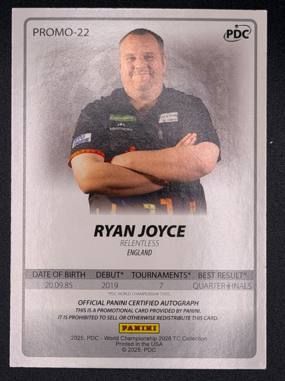 Ryan Joyce Autographed Promo Panini PDC Darts Card - Rare Player Issue
