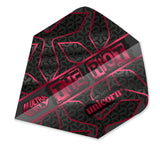A dart flight with a geometric pattern in black, red, and gray colors, featuring text 'The Riot' and 'unicorn'.